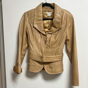 Cache Vibtage Y2K 90s Tan Fitted Leather Jacket with Belt XS